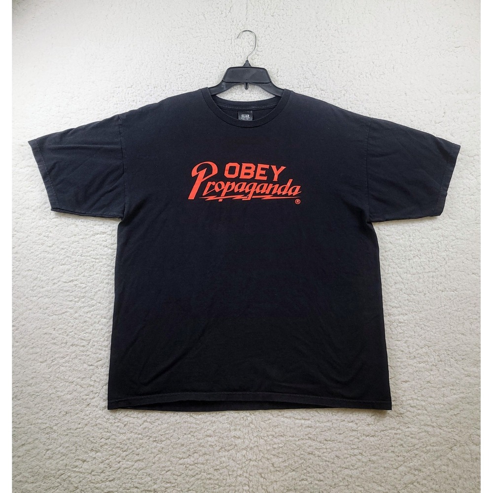 Obey Propaganda T-Shirt Mens XL Black Red Graphic Logo Short Sleeve Lightening